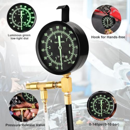 BETOOLL Pro Fuel Injection Pressure Tester Kit 0-140 PSI Fluorescent Gauge - size: 0-140 PSI Fluorescent Gauge