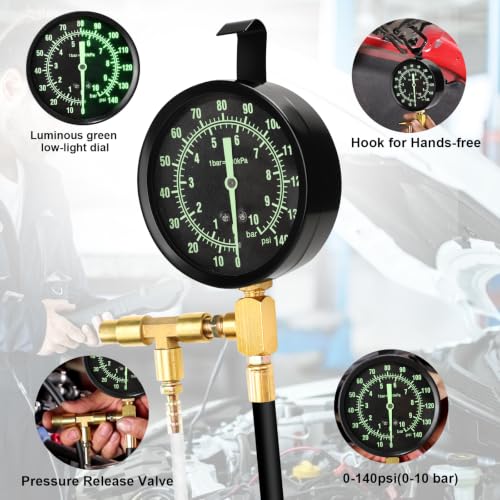 BETOOLL Pro Fuel Injection Pressure Tester Kit 0-140 PSI Fluorescent Gauge - size: 0-140 PSI Fluorescent Gauge