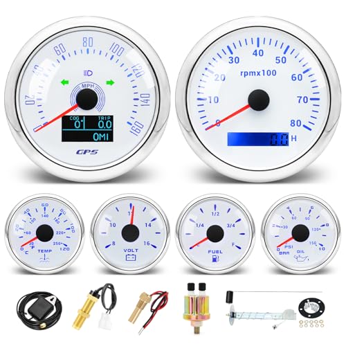 MH 6 Boat AUTO Gauge Set - 3-3/8" GPS Speedometer, Tachometer, 2-1/16" Oil Pressure, Fuel Level, Water Temperature, Voltmeter Marine Meter Kit Waterproof 7 Color (White) - color: White