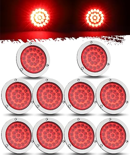 Partsam 10x 4 Round Led Trailer Tail Lights Red 24LEDs Flange Mount Sealed Chrome LED Stop Turn Tail Lights Marker Clearance Brake Running Taillights Hardwired Waterproof for RV Trucks 12V DC