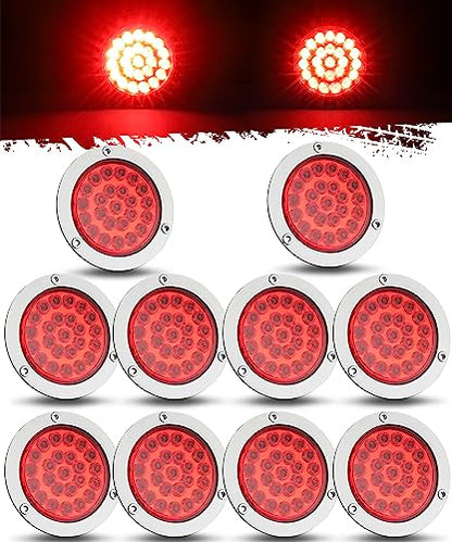 Partsam 10x 4 Round Led Trailer Tail Lights Red 24LEDs Flange Mount Sealed Chrome LED Stop Turn Tail Lights Marker Clearance Brake Running Taillights Hardwired Waterproof for RV Trucks 12V DC