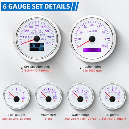 MH 6 AUTO Boat Gauge Set - 3-3/8" 80MPH & 120KM GPS Speedometer, Tachometer, 2-1/16" Oil Pressure Gauge, Fuel Level, Water Temperature, Voltmeter Alarm Marine Meter Kit with Sensor(White) - color: White