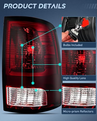 Nilight Taillight Assembly Compatible with 2009-2018 Dodge Ram 1500 - color: Dark Red-Passenger Side