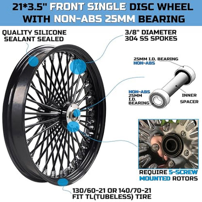 FatFlex Front Wheel for Harley Softail Dyna 21” x 3.5” Single Disc - color: 21*3.5'', Black+Black+Black (NON-ABS)