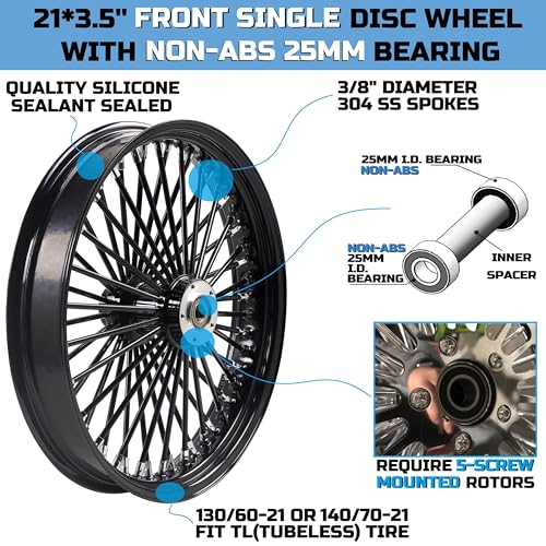 FatFlex Front Wheel for Harley Softail Dyna 21” x 3.5” Single Disc - color: 21*3.5'', Black+Black+Black (NON-ABS)