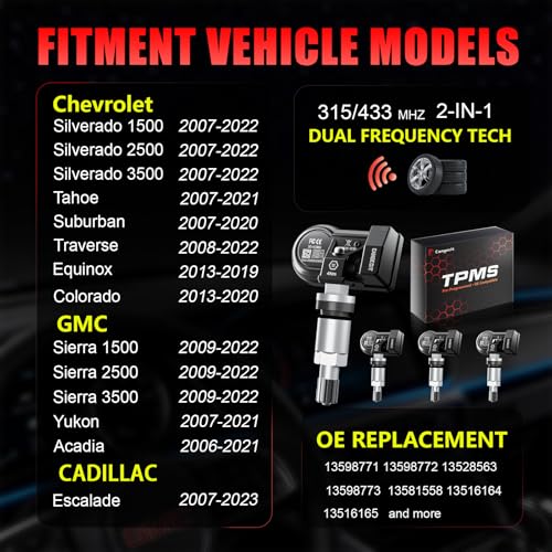 315/433MHz Pre-Programmed TPMS Sensor Set of 4 Fits Chevy Silverado, GMC Sierra, Tahoe, Suburban, Yukon, Escalade, Traverse, Equinox, Acadia, Colorado | OE# 13528563 13598773