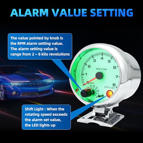 MH 3.75 inch (95mm) Tachometer with Shift Light, 8000 RPM Gauge, 7 Color Backlight Tach AUTO Gauge for 12V Car White Face - color: White