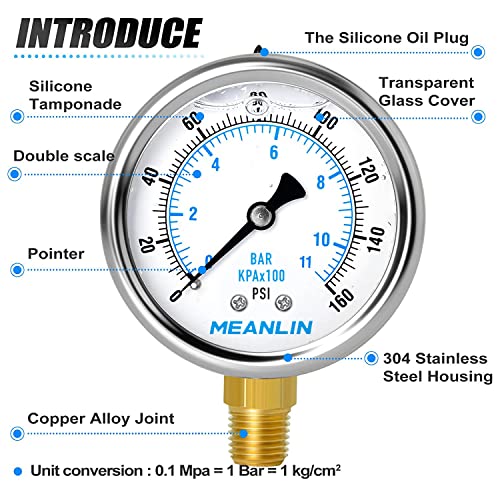 MEANLIN MEASURE 0~160Psi Stainless Steel 1/4" NPT 2.5" FACE DIAL Liquid Filled Pressure Gauge WOG Water Oil Air Lower Mount (Pack of 2), with 1/2" NPT and 3/8" NPT Hex Bushing - size: 0-160Psi (2Pcs)