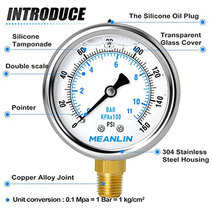 MEANLIN MEASURE 0~160Psi Stainless Steel 1/4" NPT 2.5" FACE DIAL Liquid Filled Pressure Gauge WOG Water Oil Air Lower Mount (Pack of 2), with 1/2" NPT and 3/8" NPT Hex Bushing - size: 0-160Psi (2Pcs)