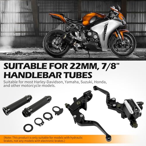 DREAMIZER Universal 7/8" 22mm Motorcycle Handlebar Brake Master Cylinder Clutch Levers CNC Left & Right Set + Hand Grips Compatible with Harley Honda Kawasaki Yamaha Suzuki (Black) - color: Black