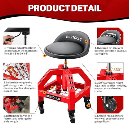 BILITOOLS Rolling Shop Stool with Wheels, Adjustable Mechanic Seat
