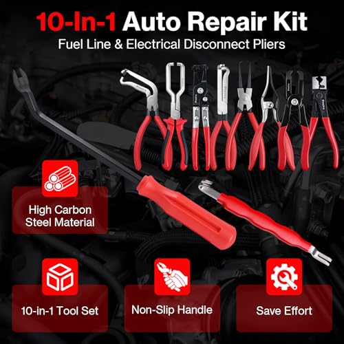 Preciva 10PCS Fuel Line Disconnect Tool Set, Fuel Rail Disconnect & AC Line Release Tool Fuel Filter Remover with Electrical Connector Disconnect Pliers for Automotive, Motorcycle, Mechanical Repair - color: Red