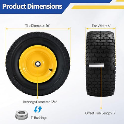 2 Pcs 16x6.50-8 Tubeless Lawn Mower Tire and Wheel 3/4" Bearing &1" Bushing - size: 2 Pcs 16x6.50-8 Tubeless 3/4" Bearing