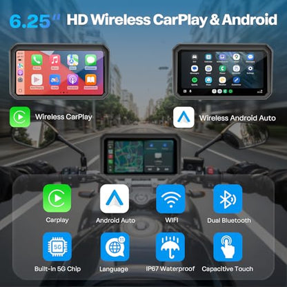 WonVon 6.25 Inch Wireless Motorcycle Carplay GPS Navigation System with Apple Carplay and Android Auto Portable Screen with Dual Bluetooth, Navigation, Siri, Google Assistant with Magnetic Mount - size: 6.25 Inch+Magnetic Mount