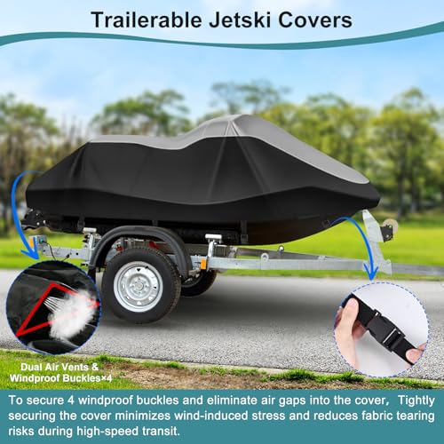 Jet Ski Cover 420D Waterproof for Yamaha Sea-Doo, 115"-120" 3 Seater PWC - color: Silver-420-D, size: XL-115"-120"