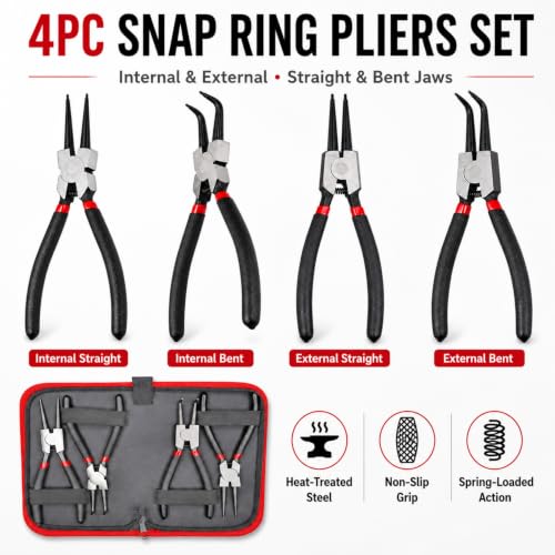 7” Snap Ring Pliers Set 4PC, Internal/External Circlip Pliers with Straight+Bent Jaws, Heavy Duty C Clamp Pliers & C Clip Removal Tool for Automotive Tools Professional Mechanics