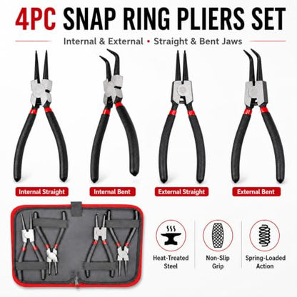 7” Snap Ring Pliers Set 4PC, Internal/External Circlip Pliers with Straight+Bent Jaws, Heavy Duty C Clamp Pliers & C Clip Removal Tool for Automotive Tools Professional Mechanics