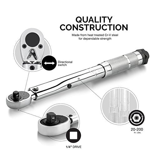 Neiko 03714A 1/4" Drive Adjustable Click Torque Wrench | SAE | 20-200 Inch-Pound Chrome Vanadium Steel | 10.75" Length - size: 20 - 200 in-lb, 10.75" Length, style: 1/4" Drive