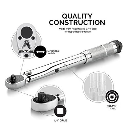 Neiko 03714A 1/4" Drive Adjustable Click Torque Wrench | SAE | 20-200 Inch-Pound Chrome Vanadium Steel | 10.75" Length - size: 20 - 200 in-lb, 10.75" Length, style: 1/4" Drive