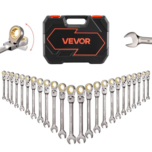 VEVOR 24-piece Ratcheting Wrench Set with 180° Flex Head, Anti-Slip Tooth, Combination Wrench Sets with Organizer Box, Metric 8-19mm & SAE 1/4-7/8", Nickel Plating - color: Nickel Plating 24pcs, size: Metric&SAE