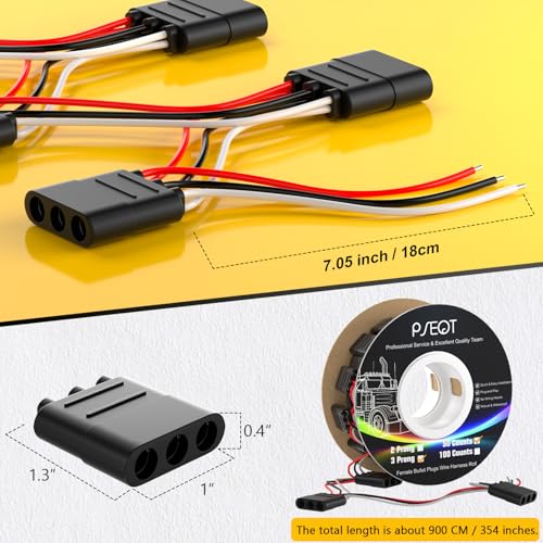 PSEQT 50 Counts 3 Prong Wire Harness Roll Female Bullet Plugs, 18 AWG Continuous Wire Harness 7" Spacing on Lead for LED Side Tail Clearance Marker Lights for Trailer Truck Bus ATV Van - size: 50 Counts