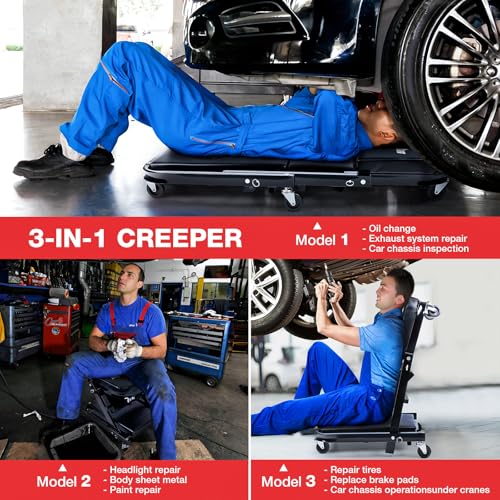 Mechanic Creeper 40inches 3-in-1 Z Seat 480lbs Capacity, Foldable Garage Chair Adjustable Rolling Black with 6pcs Wheels Roller, Lay Down Sit Lean Back, Under Car Shop Auto Repair, Man Gift - color: Black