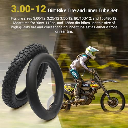 (1 Set) 3.00-12 Dirt Bike Tire and Inner Tube Set - Universal Replacement 80/200-12 Knobby Motocross Bike Tire and Tube for Honda CRF70F/XR70, Yamaha TTR 90, and More - With Vulcanized TR87 Valve Stem