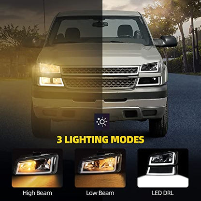 DWVO LED DRL Headlight Assembly Compatible with 2003-2006 Silverado Black - color: B Black Housing Clear Reflector