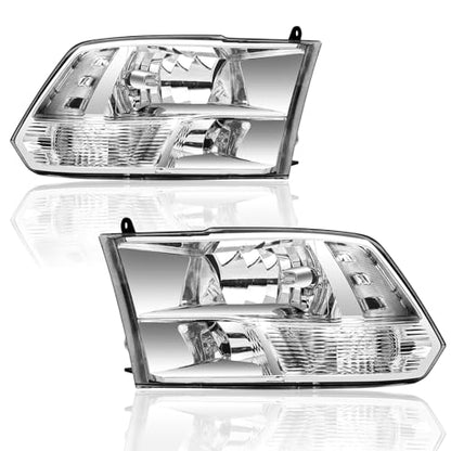 APSVE Clear Headlights Assembly Quad-Hole for 2009-2018 Dodge Ram 1500 - color: Chrome Housing Clear Reflector