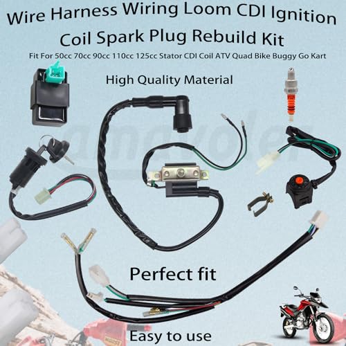 Wire Harness Wiring Loom CDI Ignition Coil Spark Plug Rebuild Kit Aftermarket Replacement Parts Fits for 50cc 70cc 90cc 110cc 125cc Stator CDI Coil ATV Quad Bike Buggy Go Kart Motorcycle.