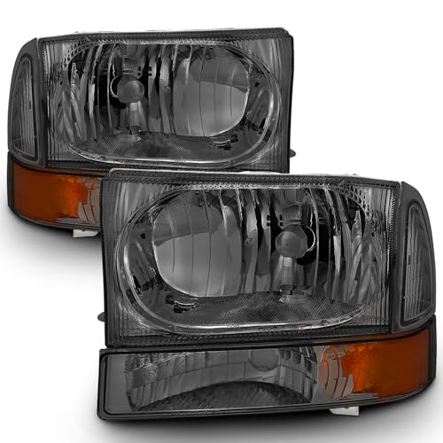 AmeriLite OE Smoke Replacement Headlights 4pcs Set w/Socket Bulb for 1999-04 Ford Excursion/Super Duty F250 F350 F450 F550 Truck - Passenger and Driver Side - color: Smoke