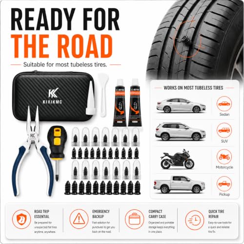 Tire Repair Screws Kit, Screw in Tire Plugs for Emergency Puncture Repair, Rubber Nail Screw in Tire Plug Kit with Pliers, Screwdriver & Rubber Cement for Tubeless Tires - color: Version A