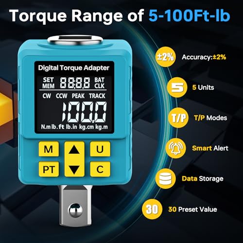Upgrade 1/2" Digital Torque Adapter, (±1% Accuracy, 5-100Ft-lb), Precision Digital Torque Wrench Adapter with Color Display, Smart Alert, 1/4", 3/8" Converters for Auto, DIY & Home Repairs(135N.m) - size: 5-100 Ft-lb/6.8-135 Nm