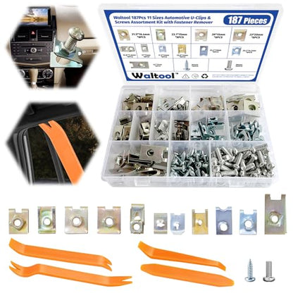 187Pcs 11 Sizes Automotive U-Clips & Screws Assortment Kit with Trim Remover, Clip-On U Clips Fasteners for Bumper Dash Interior Trim Door Body Panel