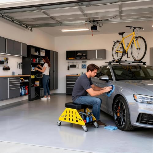 Mechanic Stool 400 LBS Capacity Garage Stool Gift for Men, Heavy Duty Rolling Mechanics Seat, Tools for Automotive Auto Repair (Yellow) - color: Yellow
