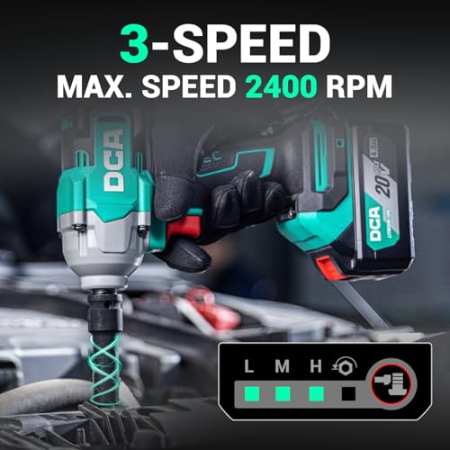 DCA Cordless Impact Wrench 1/2 INCH, Max 503Ft-lbs/682N.m Brushless Impact Gun, High Torque Electric Impact Driver with Hog Ring, 4 Modes with Smart Loosen Function, 2 * 4.0Ah Battery