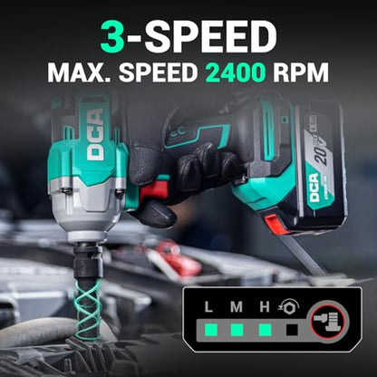 DCA Cordless Impact Wrench 1/2 INCH, Max 503Ft-lbs/682N.m Brushless Impact Gun, High Torque Electric Impact Driver with Hog Ring, 4 Modes with Smart Loosen Function, 2 * 4.0Ah Battery