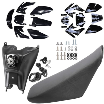CRF70 Plastic Kit CRF 70 Plastic Fender Kit Plastic Fairing Kit & Graphics Decals & Seat & Fuel Tank Motorcycle Fairing Body Work Kit for CRF70F SSR Thumpstar 140cc Pit Dirt Bike (Black) - color: Black