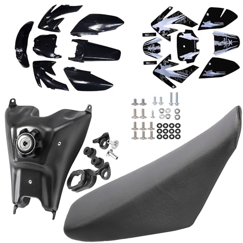 CRF70 Plastic Kit CRF 70 Plastic Fender Kit Plastic Fairing Kit & Graphics Decals & Seat & Fuel Tank Motorcycle Fairing Body Work Kit for CRF70F SSR Thumpstar 140cc Pit Dirt Bike (Black) - color: Black