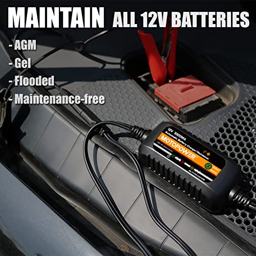MOTOPOWER MP00205B 12V 1000mA Automatic Battery Charger, Battery Maintainer, Trickle Charger, and Battery Desulfator with Timer Protection - Black Edition - color: b) - Black