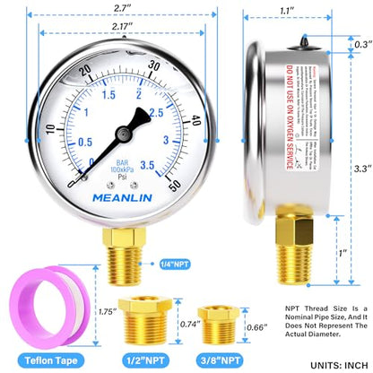 MEANLIN MEASURE 0~50Psi Stainless Steel 1/4" NPT 2.5" FACE DIAL Liquid Filled Pressure Gauge WOG Water Oil Air Lower Mount, with 1/2" NPT and 3/8" NPT Hex Bushing - size: 0-50Psi