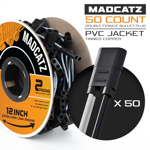 MADCATZ 50 Pack 2-Prong Double Female Bullet Plug 12” Spacing Harness Roll – 18 AWG with More Spacing 12-Inch Leads Between Plugs, Fits Truck Trailer Clearance Lights - color: 50 - 2Prong (12" spacing), size: 2Prong - XL
