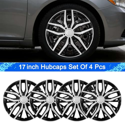 17-Inch Silver ABS Hubcaps with Steel Rings & Adjusters, Patented Design, Universal Fit, Set of 4 Wheel Covers (Silver-Black) - color: Silver-Black