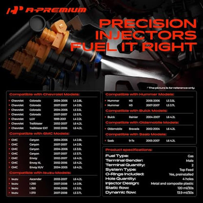 A-Premium 6 Pcs Fuel Injectors Compatible with Chevrolet, GMC, Buick, Saab