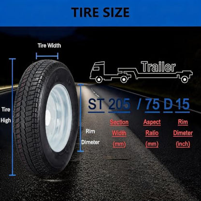 MAXSA ST205/75D15 2-Pack Trailer Tires with White Steel Rims, 6 Ply Load Range C, 5 Lug Bias Heavy Duty Trailer Wheel, All-Weather Pre-Mounted Tire for Utility Boat Camper Cargo Trailers
