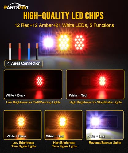 Partsam 2x LED Triple Tail Lights 45 LEDs, Rectangle Vertical Horizontal Mount LED Trailer Truck Camper RV Stop Turn Tail Lights Backup Reverse Taillights w Gasket White Base Amber/Red/Clear Lens 12V - color: White Base