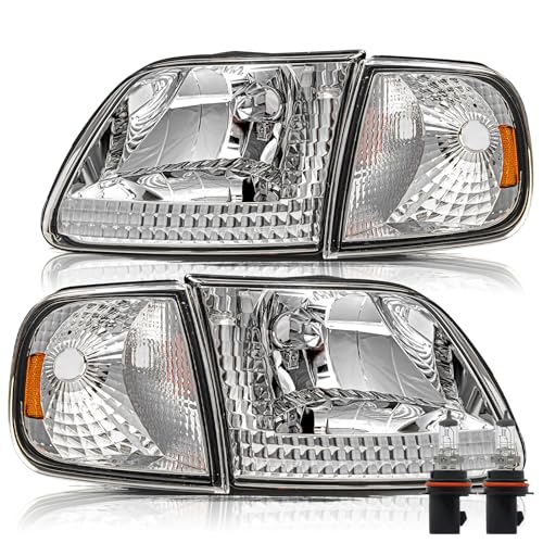 Aosky Halogen Headlights Assembly for 1997-03 Ford F150 Expedition - color: Chrome / Amber, style: w/ Bulbs