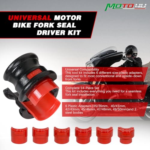 MOTO4U Motor Bike Fork Seal Driver Kit, Universal Motorcycle Fork Seal Driver Tool with 12 Plastic fork seal driver and 2 steel bodies,Fork Saver Dirt Bike (35-50mm,Red)