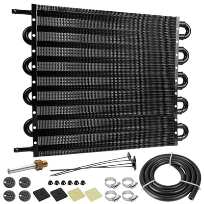 10 Pass Aluminium Transmission Oil Cooler, Remote 5/16" Engine Oil Cooler Radiator, with Hose Mounting Kit (Black) - color: Black
