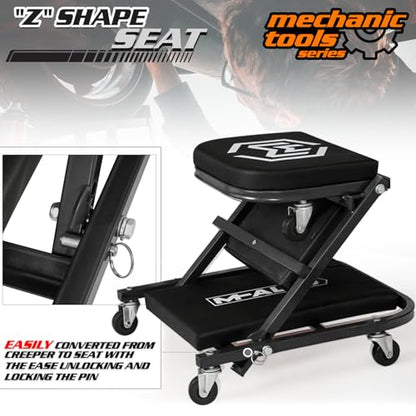 M-AUTO 40-Inch Folding Creeper Rolling Seat, All-in-One Adjustable Roller Garage Chair, Lay Down or Sit, 330LBS Capacity Under Car Roller Creeper with 6 Swivel Casters, Black - color: Black, size: 40"